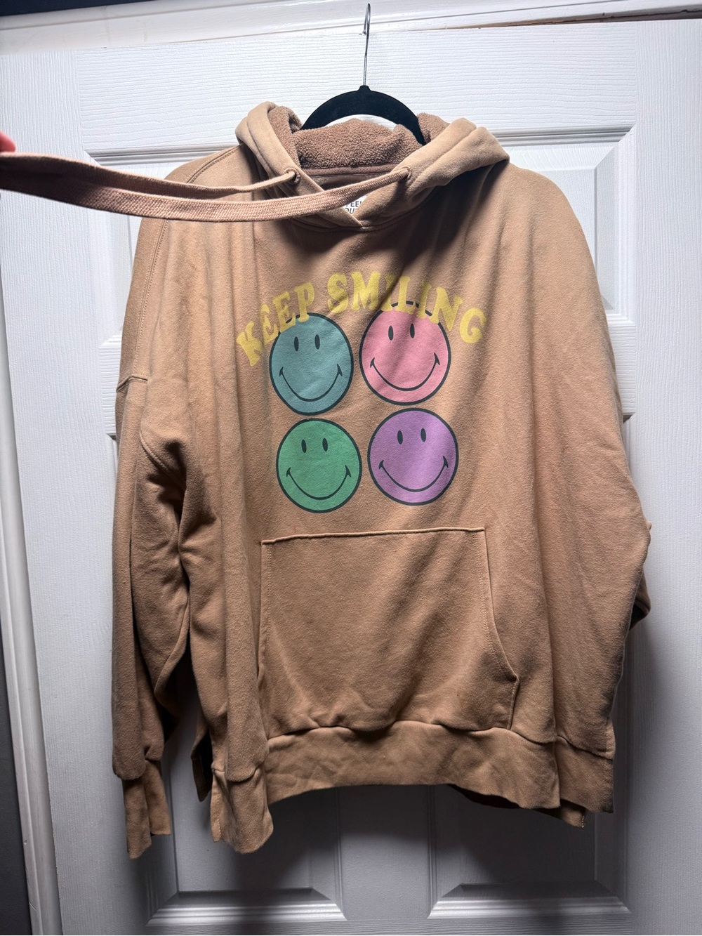American Eagle Outfitters Tan Hoodie with Pastel Smiley Faces
